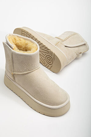 Mini Cırtcırtlı Bej Süet Yarım Bot içi Tüylü Düz Taban Kadın Ayakkabı