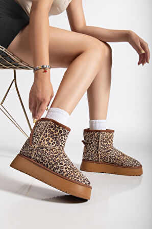 Mini Cırtcırtlı Leopar Süet Yarım Bot içi Tüylü Düz Taban Kadın Ayakkabı