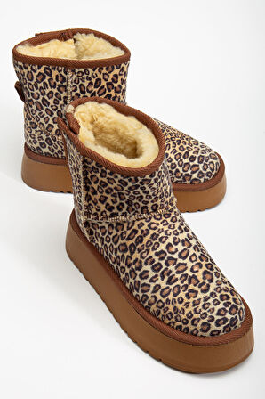 Mini Cırtcırtlı Leopar Süet Yarım Bot içi Tüylü Düz Taban Kadın Ayakkabı
