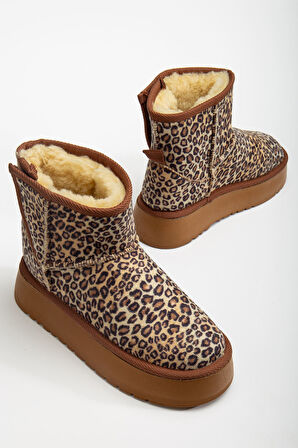 Mini Cırtcırtlı Leopar Süet Yarım Bot içi Tüylü Düz Taban Kadın Ayakkabı