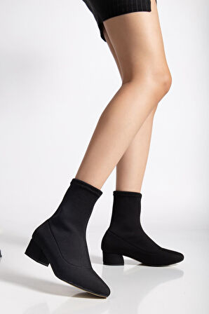 Ferran Kadın Siyah Streç Kalın Topuklu Bot