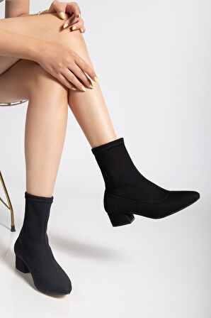 Ferran Kadın Siyah Streç Kalın Topuklu Bot