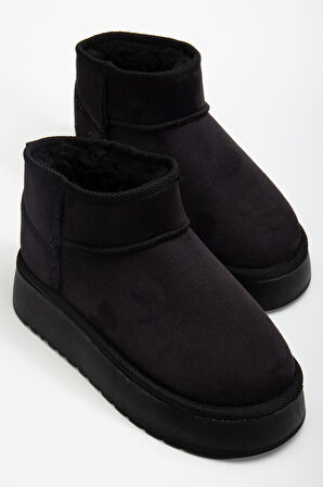 Mini Siyah Süet Yarım Bot içi Tüylü Düz Taban Kadın Ayakkabı