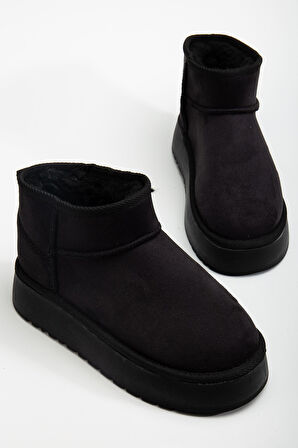 Mini Siyah Süet Yarım Bot içi Tüylü Düz Taban Kadın Ayakkabı