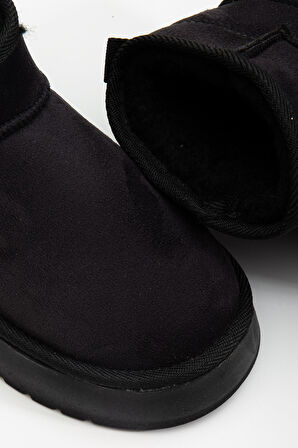 Mini Siyah Süet Yarım Bot içi Tüylü Düz Taban Kadın Ayakkabı