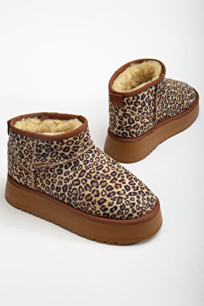 Mini Leopar Süet Yarım Bot içi Tüylü Düz Taban Kadın Ayakkabı
