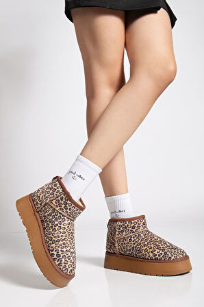 Mini Leopar Süet Yarım Bot içi Tüylü Düz Taban Kadın Ayakkabı