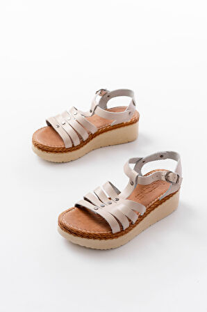 730-142 Bej Hakiki Deri Ortopedik Taban Kadın Sandalet