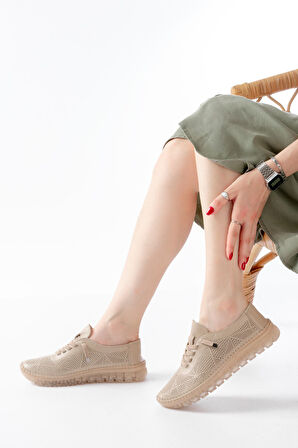 S-365  Bej Desenli Hakiki Deri Şeffaf Taban Kadın Spor Ayakkabı