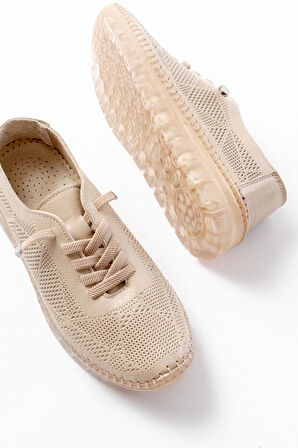 S-365  Bej Desenli Hakiki Deri Şeffaf Taban Kadın Spor Ayakkabı