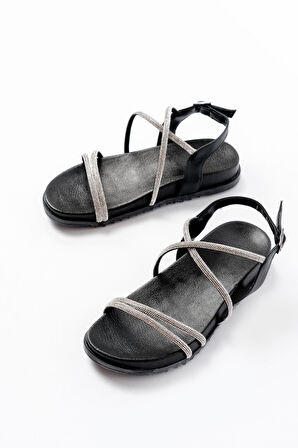 1001-1105 Siyah Gümüş Taşlı Günlük Kadın Sandalet