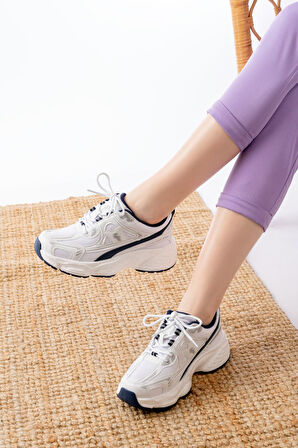 Beyaz Günlük Bağcıklı Lacivert Desenli Yazlık Spor Ayakkabı