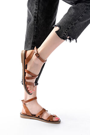 205-209 Taba  Hakiki Deri Tokalı Parmak Arası Kadın Sandalet