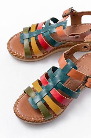 731-204 Multi  Hakiki Deri Dolgu Topuklu Günlük Kadın Sandalet