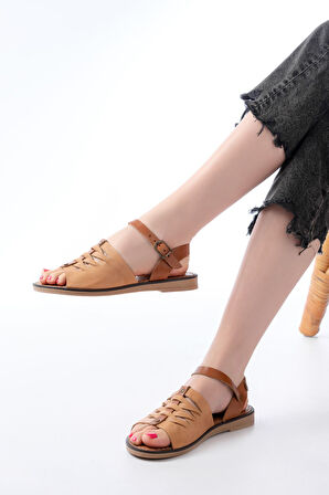 205-029 Bej Ortopedik Hakiki Deri Kadın Sandalet