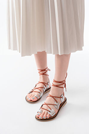 205-01 Gümüş Bilekten Bağlamalı Ortopedik Hakiki Deri Kadın Sandalet