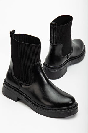 Kadın Kalın Taban Siyah Elastik Yan Bantlı Günlük Bot