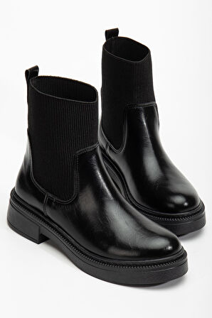 Kadın Kalın Taban Siyah Elastik Yan Bantlı Günlük Bot