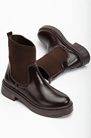 Kadın Kalın Taban Kahverengi Elastik Yan Bantlı Günlük Bot