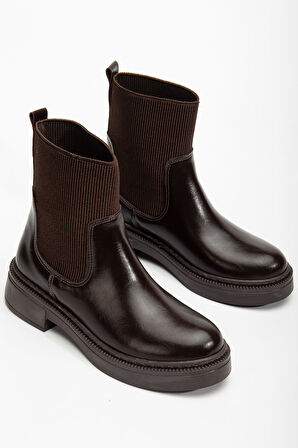 Kadın Kalın Taban Kahverengi Elastik Yan Bantlı Günlük Bot