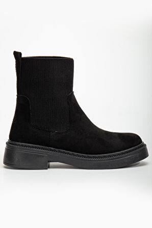 Kadın Kalın Taban Siyah Süet Elastik Yan Bantlı Günlük Bot