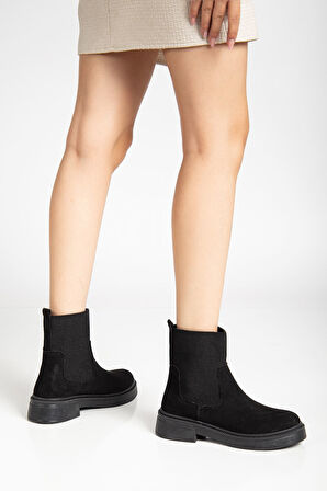 Kadın Kalın Taban Siyah Süet Elastik Yan Bantlı Günlük Bot