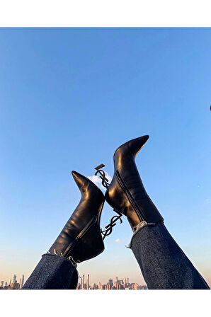 İKON'S METAL YÜKSEK TOPUKLU, DERİ SİYAH BOT