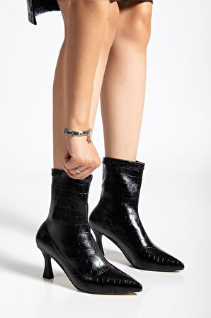 Kadın Siyah Crocodile Bilekli Orta Boy Topuklu Bot