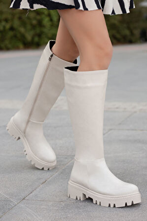 ANDERS Krem Cilt Fermuar Detaylı Kadın Çizme