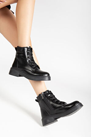 Kadın Siyah Cilt Bağcık Ve Fermuarlı Postal Bot