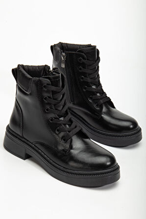 Kadın Siyah Cilt Bağcık Ve Fermuarlı Postal Bot