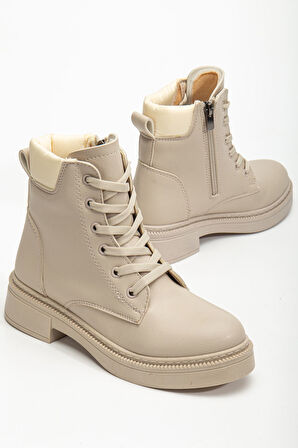 Kadın Bej Cilt Bağcık Ve Fermuarlı Postal Bot