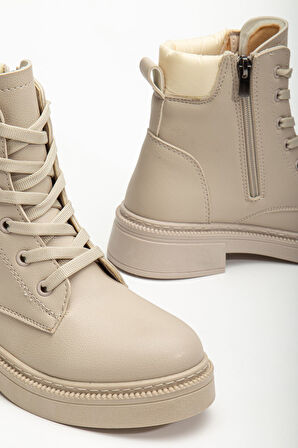 Kadın Bej Cilt Bağcık Ve Fermuarlı Postal Bot