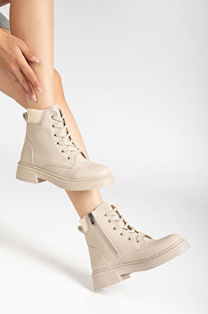 Kadın Bej Cilt Bağcık Ve Fermuarlı Postal Bot