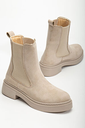 Kadın Lastikli Günlük Bej Süet Kalın Tabanlı Bot