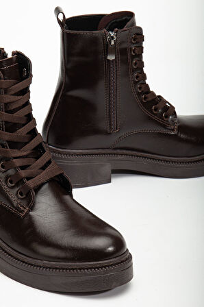 Kadın Parlak Günlük Kahverengi Cilt Kalın Tabanlı Postal Bot