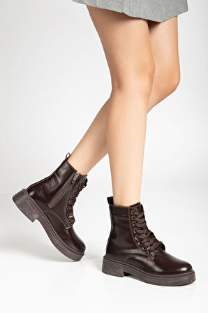 Kadın Parlak Günlük Kahverengi Cilt Kalın Tabanlı Postal Bot