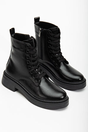 Kadın Parlak Günlük Siyah Cilt Kalın Tabanlı Postal Bot