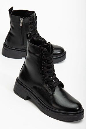 Kadın Parlak Günlük Siyah Cilt Kalın Tabanlı Postal Bot