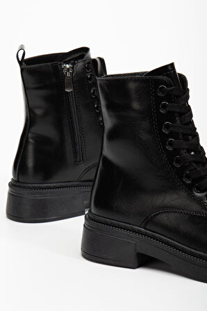 Kadın Parlak Günlük Siyah Cilt Kalın Tabanlı Postal Bot