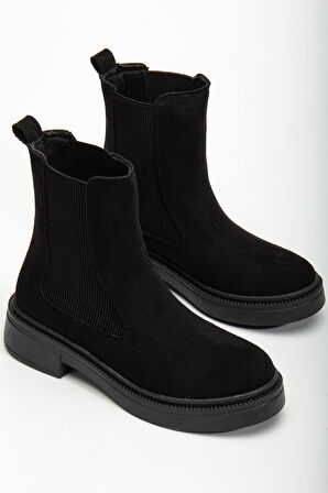 Kadın Lastikli Günlük Siyah Süet Kalın Tabanlı Bot