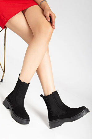 Kadın Lastikli Günlük Siyah Süet Kalın Tabanlı Bot