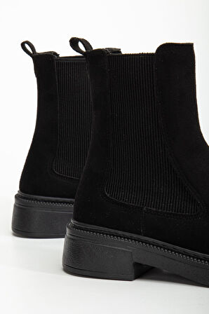 Kadın Lastikli Günlük Siyah Süet Kalın Tabanlı Bot