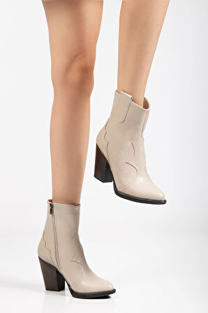 117 Bej Kovboy Dikiş Detaylı Fermuarlı  Yüksek Topuklu Günlük Kadın Bot