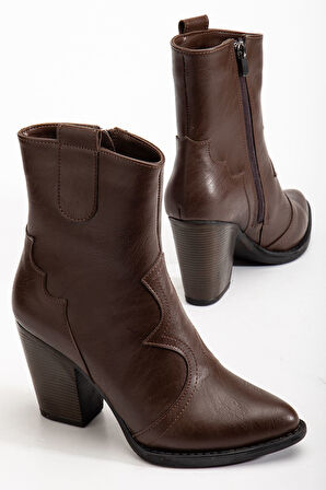 117 Kahve Kovboy Dikiş Detaylı Fermuarlı  Yüksek Topuklu Günlük Kadın Bot