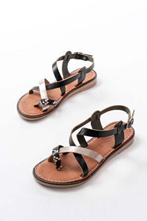 205-08 Siyah Garni  Ortopedik Hakiki Deri Kadın Sandalet