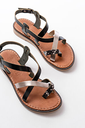 205-08 Siyah Garni  Ortopedik Hakiki Deri Kadın Sandalet