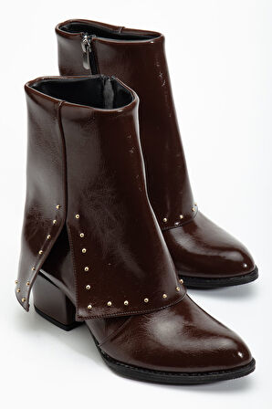 Kadın Sivri Burun Kahverengi Parlak Detaylı Topuklu Bot