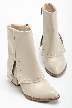 Kadın Sivri Burun Bej Parlak Detaylı Topuklu Bot