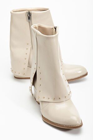 Kadın Sivri Burun Bej Parlak Detaylı Topuklu Bot